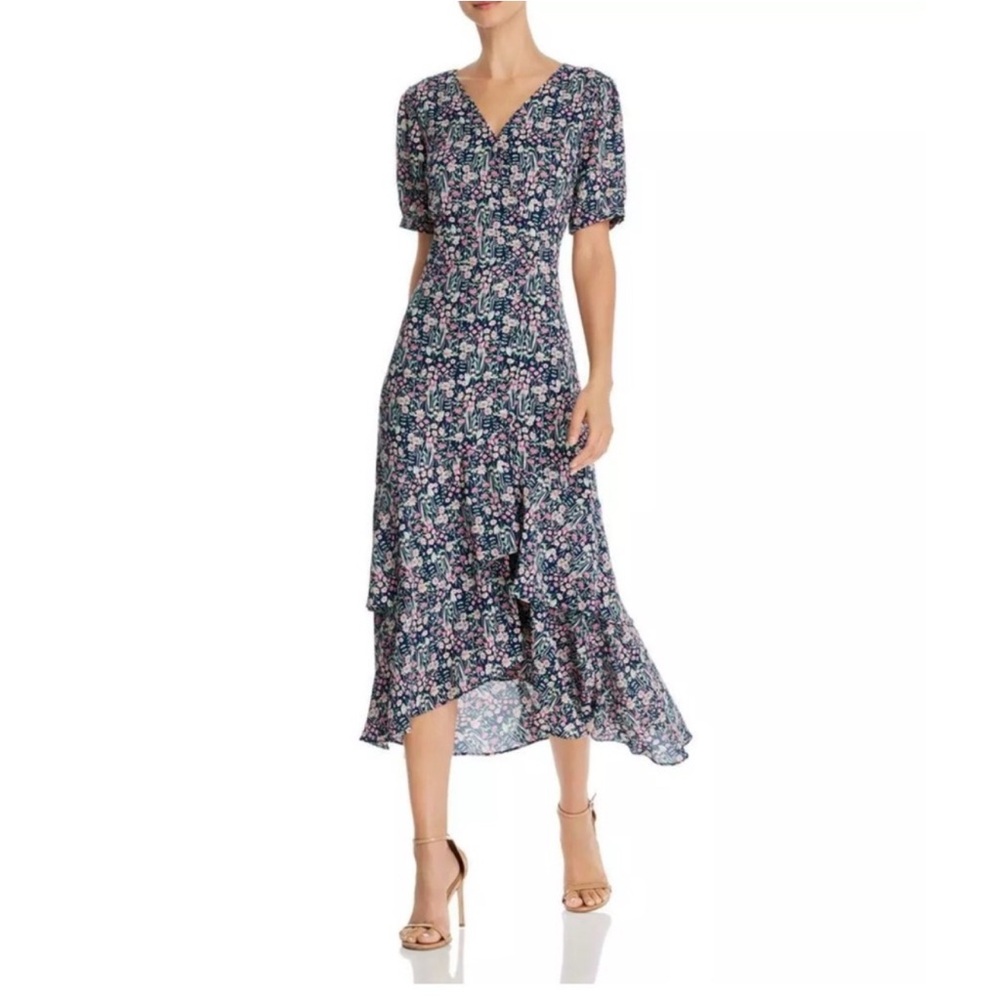 Nanette Lepore Floral Puff Sleeve Wrap Dress Ruffle Button Navy 10 NWT Milkmaid